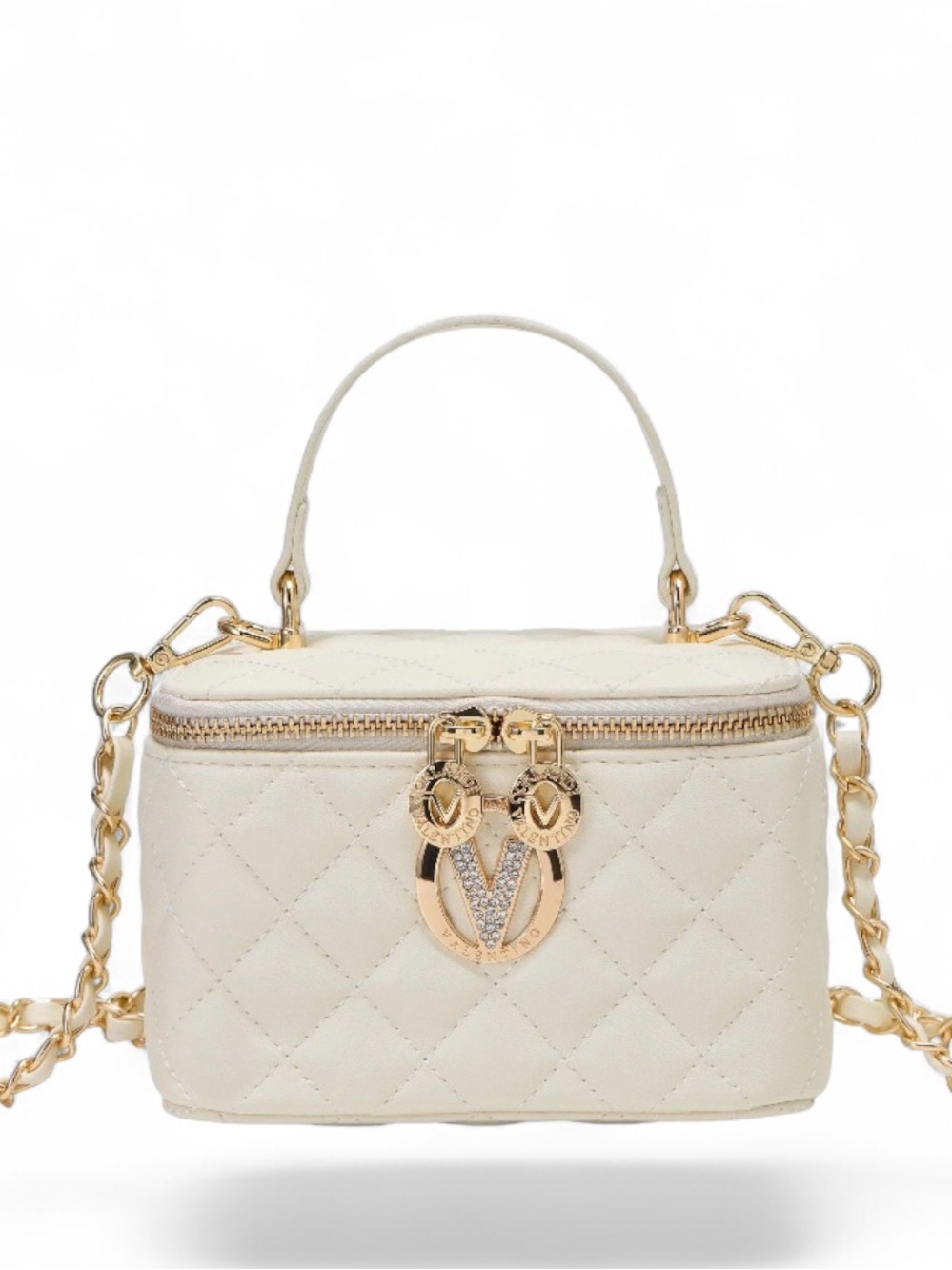 Valentino Orlandi Rhinestone V Logo Cream Quilted Top-Handle X-body Vanity Bag